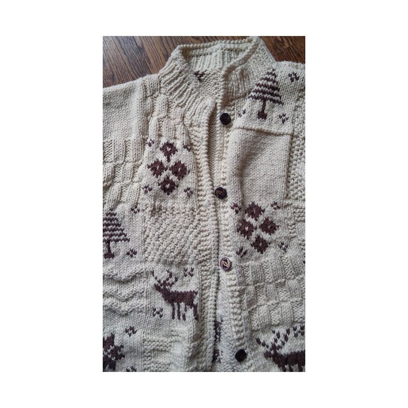 Ladies 80s Hand Knit Winter Sweater Chunky Knit Wool Cardigan Reindeers Trees Stars Diamonds in Boxy Button Up Size Large