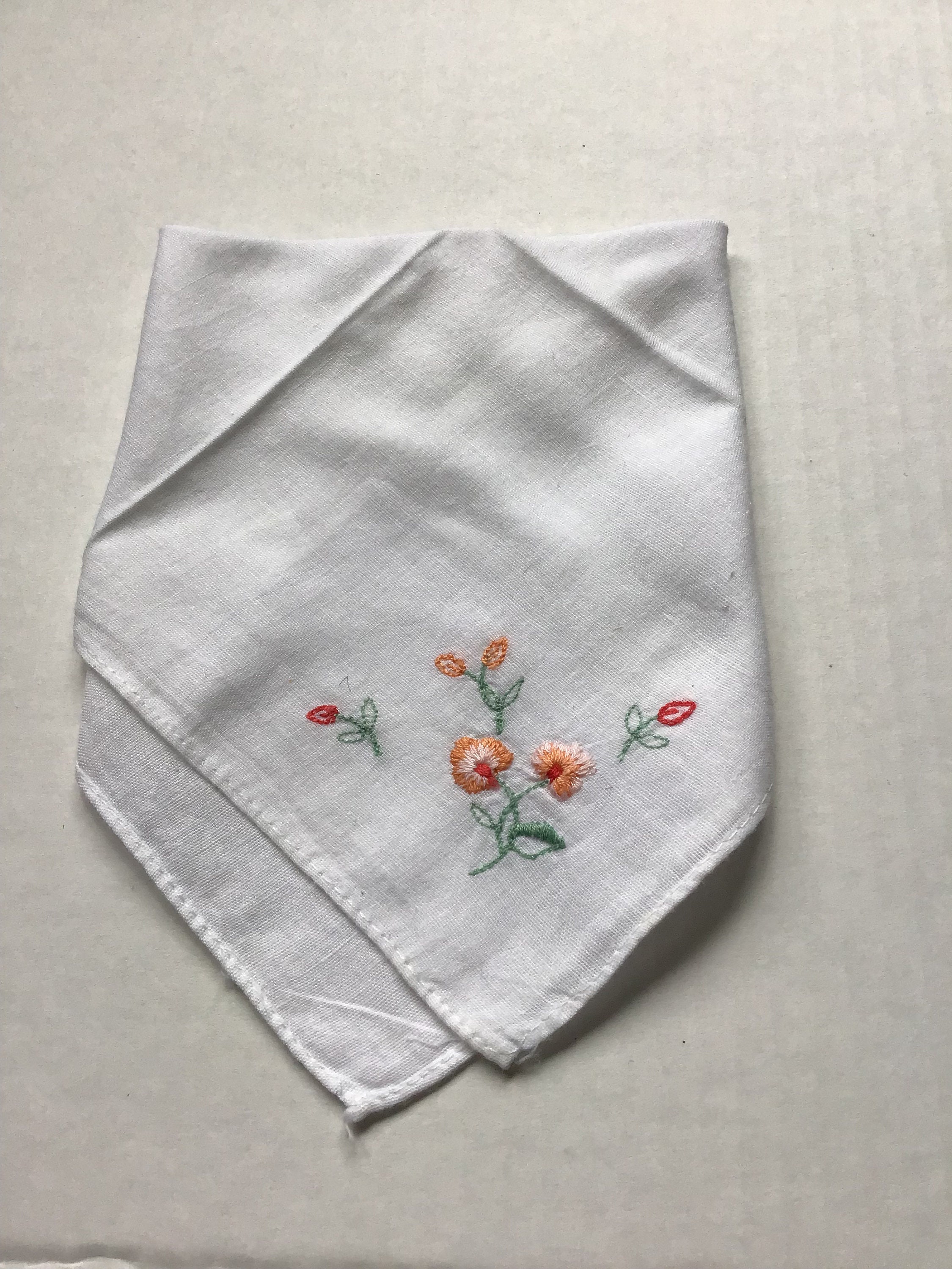 Vintage Hanky White on White Embroidery 10 1/2 Square Cotton Handkerchief with Embroidered Corner Pulled Thread Edge