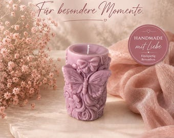 Schmetterlingskerze Rosa | Handgemachte Dekokerze | Geschenk für Frauen | Romantische Kerze | Floral Candle | Geschenkidee | Wohnaccessoire