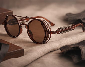 Vintage Round Aviator Sunglasses – Retro Futuristic Gothic Steampunk Style – Unisex Fashion Cosplay Glasses