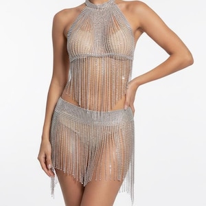 以下が含まれることがあります： シルバーのラインストーンホルターネックトップスとスカートのセット。トップスはハイネックでフリンジのディテールが特徴です。スカートはフリンジ付きのミニスカートです。セットはシルバーのラインストーンで作られています。