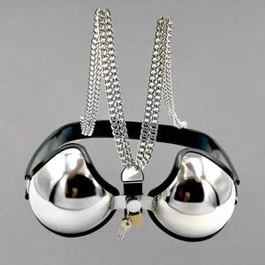 以下が含まれることがあります： 黒いバンドと2つの丸みを帯びたカップが付いた、銀色の金属製の拘束具。カップは南京錠と鍵が付いた金属製のバーで接続されています。銀色のチェーンが上から吊り下げられています。