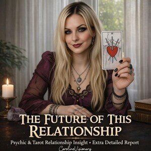 May include: A woman with blonde hair holds a tarot card showing a heart with three swords. The card is part of a relationship reading. The image includes text that reads "THE FUTURE OF THIS RELATIONSHIP".