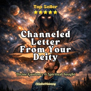 May include: Digital art featuring a hooded figure writing with a quill, with the text "Channeled Letter From Your Deity." A man looks upward in the foreground. The image includes the text "Divine Guidance & Spiritual Insight" and "Top Seller."