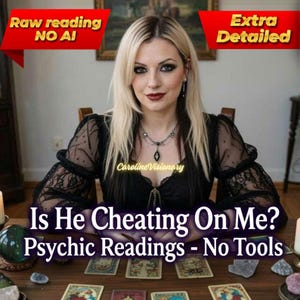 Può includere: Una donna con i capelli biondi e trucco scuro è seduta a un tavolo con carte dei tarocchi. L'immagine include il testo "Is He Cheating On Me? Psychic Readings - No Tools". L'immagine include anche il testo "Raw reading NO AI" e "Extra Detailed".