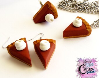 Pumpkin Pie Jewelry Set - HANDMADE Polymer Clay Pumpkin Slice Earrings, Necklace, and Ring - Food Miniature Jewelry