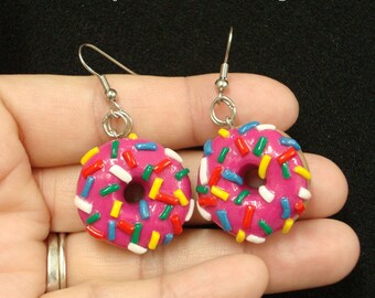 Strawberry Glazed Donut Earrings With Sprinkles HANDMADE