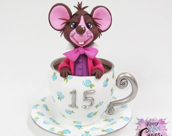 Mouse In Teacup - Girl In Wonderland Cake Topper -  HANDMADE Polymer Clay