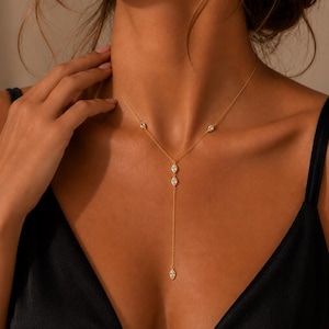 Collier cravate (ou collier en Y) en argent sterling 925, disponible en finition or, or rose ou argent, avec oxyde de zirconium taille