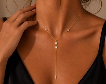 Marquise CZ Y Lariat Halsband, Sterlingsilver, Guld, Roséguldfinish