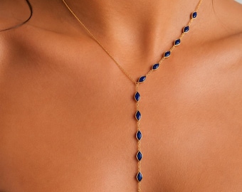 Lariat-ketting met blauwe saffier, gouden Y-vormige hanger, elegante bruidssieraden