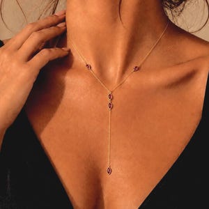 Ruby Red Y Necklace, 925 Sterling Silver ,Marquise Lariat, Dainty Long Drop Jewelry
