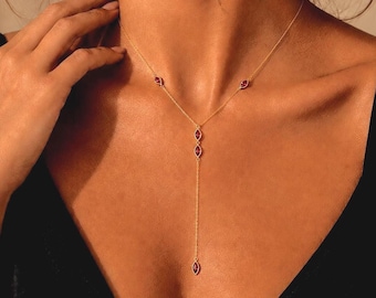 Ruby Red Y Necklace, 925 Sterling Silver ,Marquise Lariat, Dainty Long Drop Jewelry