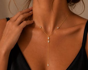 Lariat-Halskette, Y-Kette, 925er Sterlingsilber, Gold/Roségold/Silber, Schmuck mit marquiseförmigem Zirkonia