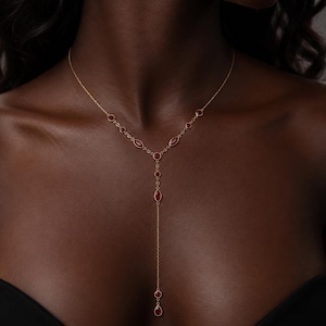 Ruby Lariat Necklace, Gold Y Jewelry, Red Stone Drop Necklace, Luxury Jewellery