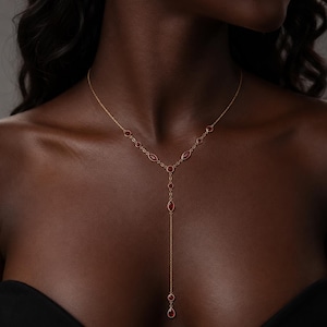 Rubin-Lariat-Halskette, Goldschmuck in Y-Form, Halskette mit rotem Steinanhänger, Luxusschmuck