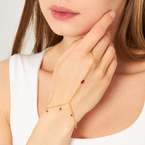 Gold Hand Chain Bracelet, Red Stone Slave Bracelet, Ruby Zircon jewelry
