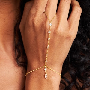 Gold Shahmaran Hand Chain, 925 Sterling Silver Marquise CZ Dangle Ring Bracelet, Bridal Jewelry