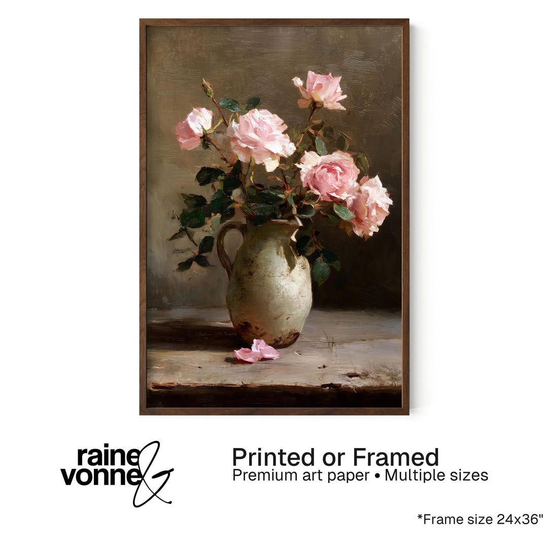 Pink Roses Still Life in Rustic Vase Wall Art - Etsy