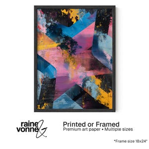 May include: Abstract art print in a black frame. The artwork features overlapping geometric shapes in shades of pink, blue, yellow, and black. The text "Printed or Framed" and "Frame size 18x24" are visible.