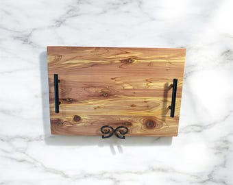 Handcrafted Cedar Serving Board with Black Metal Handles – Rustic Wood Charcuterie Tray   Approximate size: 12x17.5x.75