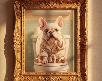 Puede incluir: Una obra de arte enmarcada que presenta un Bulldog Francés blanco con una bata a rayas, sentado en un inodoro y cubriéndose la cara. El marco dorado ornamentado añade un toque de elegancia a la escena humorística.