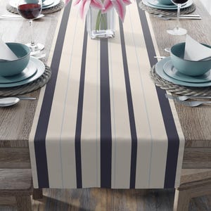 Blue Striped Table Runner - Neutral Cream Modern Dining Decor, Soft Woven Table Linen