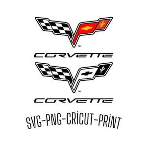 May include: Two Corvette logos in black, white, red, and yellow. The top logo has a checkered flag design and a red and yellow emblem. The word "CORVETTE" is below the logos. The bottom of the image has the text "SVG-PNG-CRICUT-PRINT."