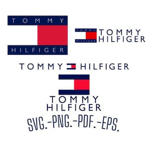 Puede incluir: Varios logotipos de Tommy Hilfiger en azul marino, rojo y blanco. Los logotipos incluyen el nombre de la marca y el icónico diseño de la bandera. El texto en la parte inferior dice: SVG.-PNG.-PDF.-EPS.