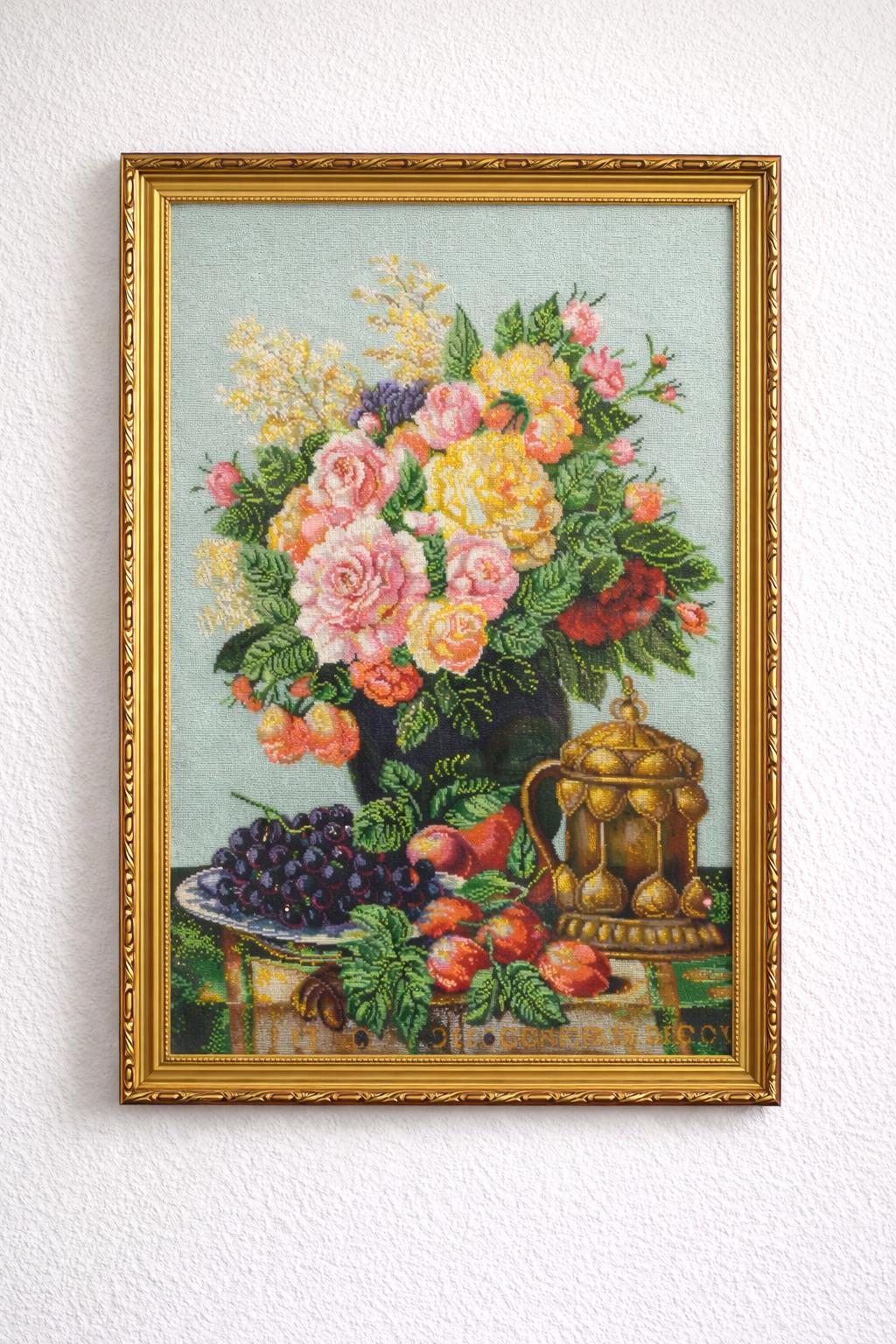 Beaded Floral Still Life Wall Art, Handmade Bead Embroidery, Kitchen ...