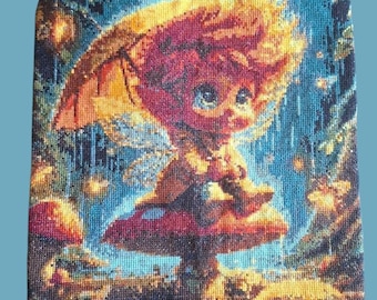 Fairy on a Mushroom – Handmade Cross Stitch Pillow Cover | Fantasy Nursery Decor | Gift for Kids | 35×35 cm