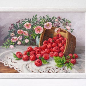 Decoración de pared con frambuesas bordadas con cuentas, bordado artesanal con cuentas, obra de arte enmarcada, decoración única para el hogar, idea de regalo.