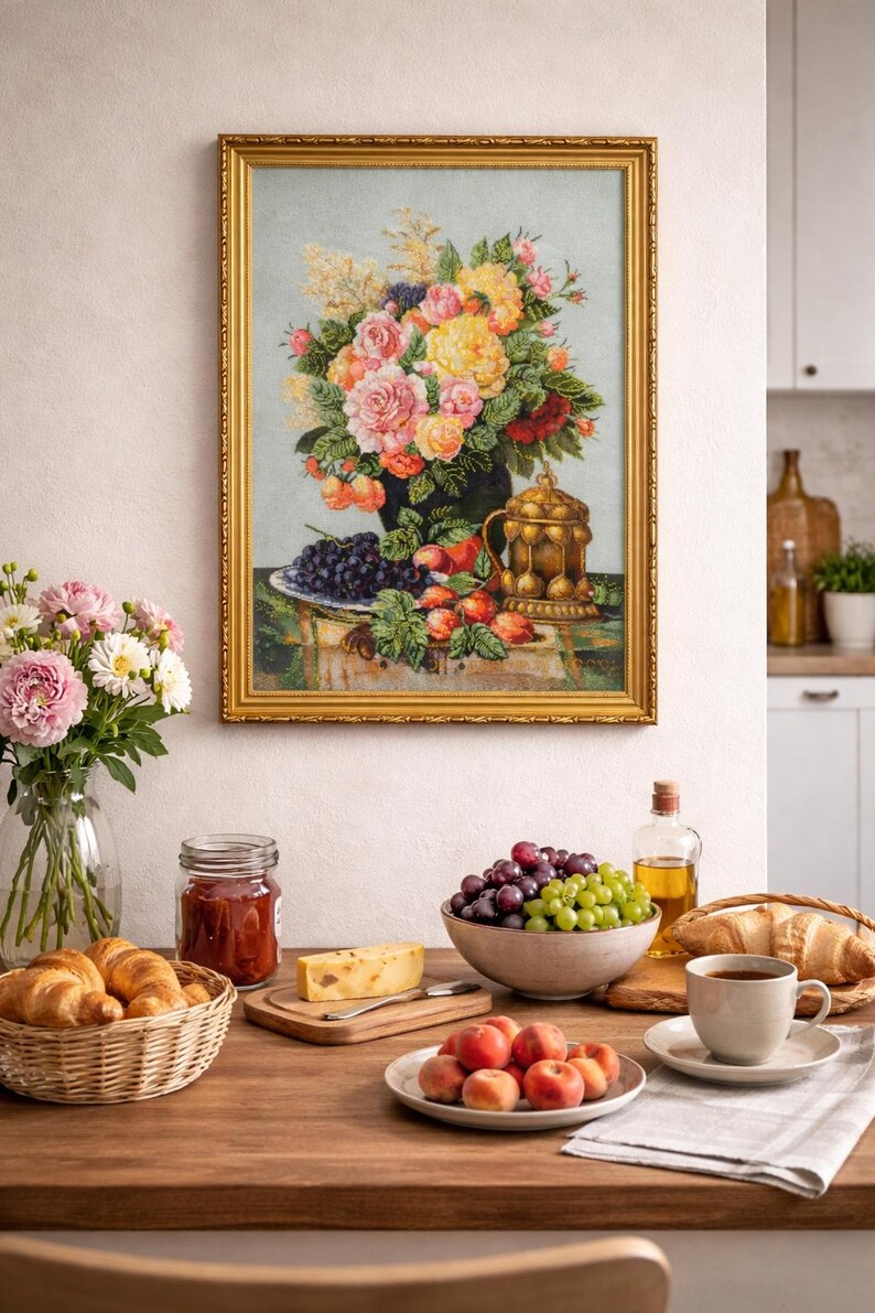 Beaded Floral Still Life Wall Art, Handmade Bead Embroidery, Kitchen ...