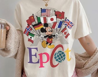 Vintage Epcot Shirt, 90er Jahre Stil Micky Flaggen BTW T-Shirt, Disney Epcot World Tour
