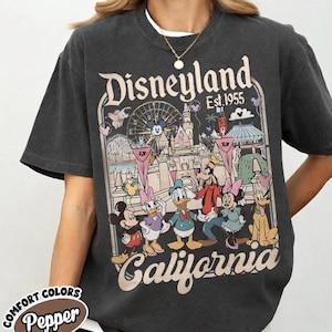 May include: Dark gray t-shirt with a Disneyland California graphic. The design features Mickey Mouse, Minnie Mouse, Donald Duck, Goofy, and other characters in front of a castle and a Ferris wheel. The shirt has the text "Disneyland Est. 1955" and "California".