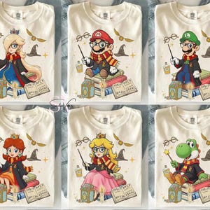 May include: Off-white t-shirts featuring cartoon characters dressed as wizards. Characters include Mario, Luigi, Princess Peach, and Yoshi, each with wands, glasses, and scarves. The shirts have a whimsical, fantasy theme.