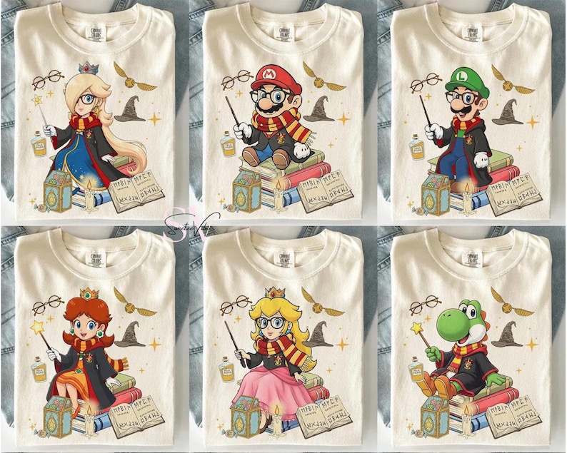 May include: Off-white t-shirts featuring cartoon characters dressed as wizards. Characters include Mario, Luigi, Princess Peach, and Yoshi, each with wands, glasses, and scarves. The shirts have a whimsical, fantasy theme.