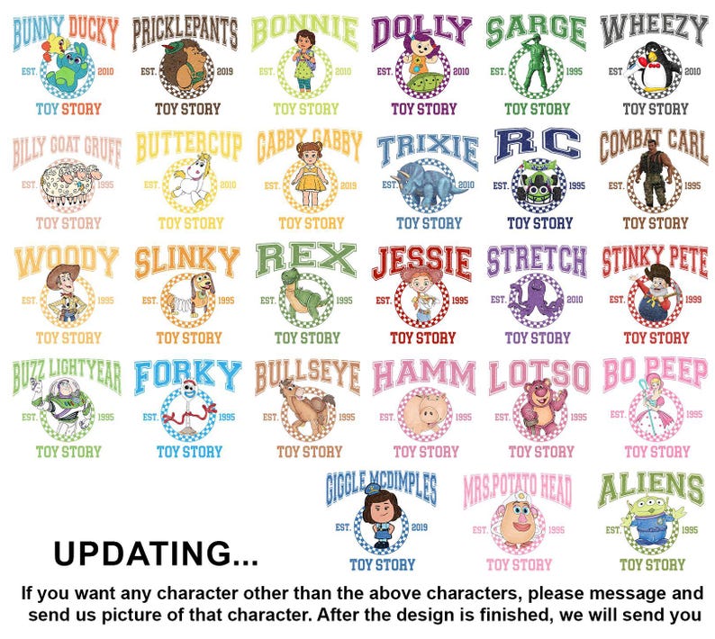 Pu&ograve; includere: Una collezione di colorati design di personaggi di Toy Story, ciascuno all'interno di un emblema circolare con il nome del personaggio e le parole "Toy Story". I design includono personaggi come Woody, Buzz Lightyear e altri, con il testo "Updating..." in basso.