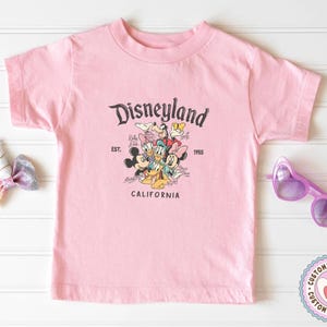 May include: A light pink t-shirt featuring the Disneyland logo with Mickey Mouse, Donald Duck, and other Disney characters. The shirt includes the text "EST. 1955 CALIFORNIA".