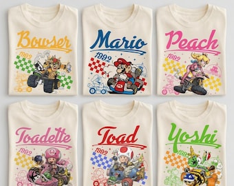 Personalisiertes Super Mario Kart Charaktere 1992 T-Shirt, Toadette Peach Shy Guy T-Shirt, Retro Rennspiel Familie, Gamer Geburtstagsgeschenk T-Shirt
