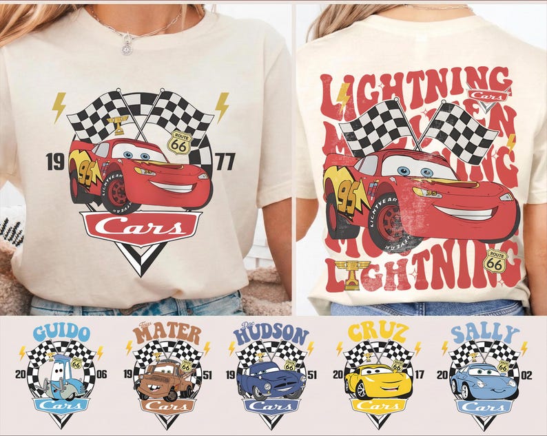 May include: A cream-coloured t-shirt with a red cartoon race car, number 95, and checkered flags. The front says "Cars", the back says "Lightning McQueen" and "Route 66". Below are images of other Cars characters.