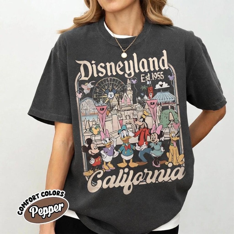 May include: Dark gray t-shirt with a Disneyland California graphic. The design features Mickey Mouse, Minnie Mouse, Donald Duck, Goofy, and other characters in front of a castle and a Ferris wheel. The shirt has the text "Disneyland Est. 1955" and "California".