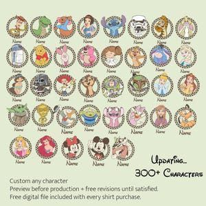 May include: A collection of cartoon character portraits in circular frames with a checkered border. Each character has a space for a name. The image includes characters from various animated movies and the text "Updating... 300+ Characters".