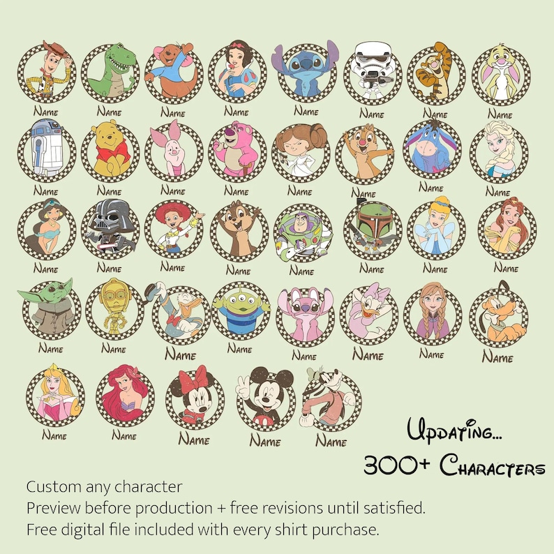 May include: A collection of cartoon character portraits in circular frames with a checkered border. Each character has a space for a name. The image includes characters from various animated movies and the text "Updating... 300+ Characters".