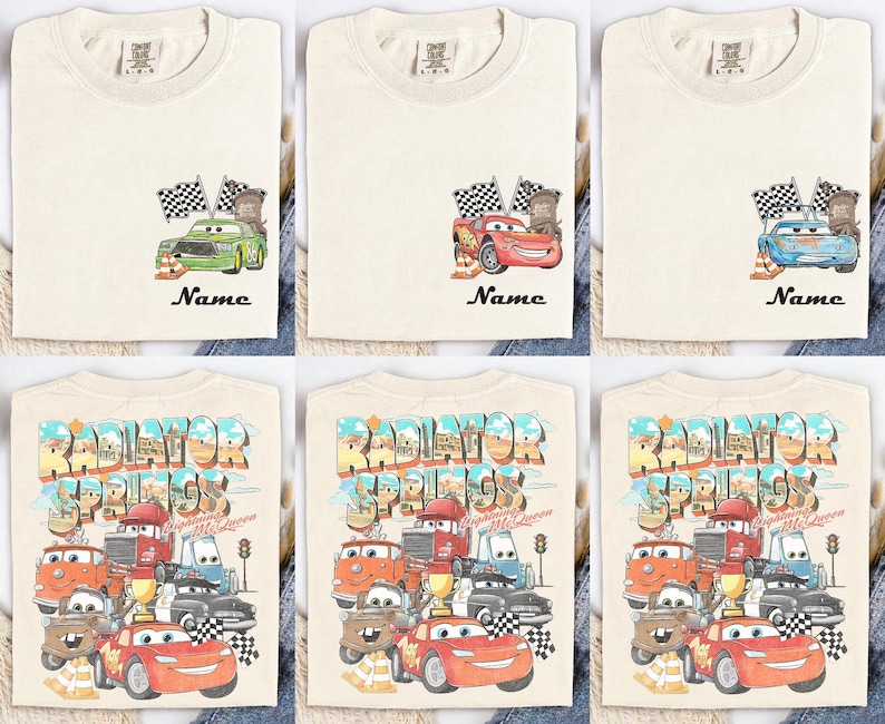 Custom Name Disney Cars Shirt, Lightning McQueen & Tow Mater Tee, Doc Hudson Radiator Springs, Pixar Cars Family Trip image 1