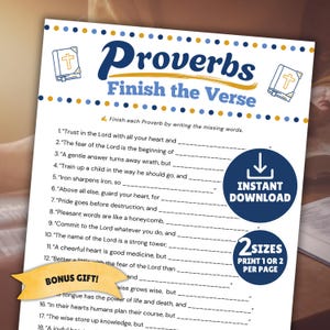 Può includere: Un foglio di gioco stampabile bianco intitolato Proverbs Finish the Verse con bordi blu e oro. Presenta diciotto righe numerate per completare versetti biblici, due badge circolari con Instant Download e 2 Sizes, e uno stendardo dorato.