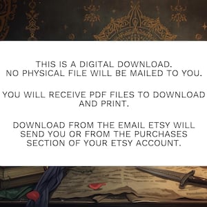 May include: A digital download announcement on a white rectangular card. The text reads: "THIS IS A DIGITAL DOWNLOAD. NO PHYSICAL FILE WILL BE MAILED TO YOU. YOU WILL RECEIVE PDF FILES TO DOWNLOAD AND PRINT. DOWNLOAD FROM THE EMAIL ETSY WILL SEND YOU OR FROM THE PURCHASES SECTION OF YOUR ETSY ACCOUNT."