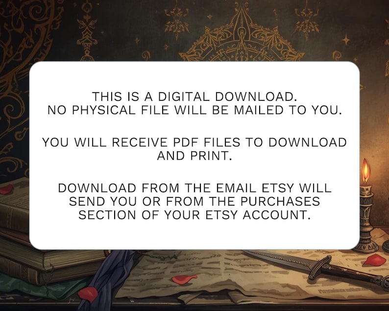 May include: A digital download announcement on a white rectangular card. The text reads: "THIS IS A DIGITAL DOWNLOAD. NO PHYSICAL FILE WILL BE MAILED TO YOU. YOU WILL RECEIVE PDF FILES TO DOWNLOAD AND PRINT. DOWNLOAD FROM THE EMAIL ETSY WILL SEND YOU OR FROM THE PURCHASES SECTION OF YOUR ETSY ACCOUNT."