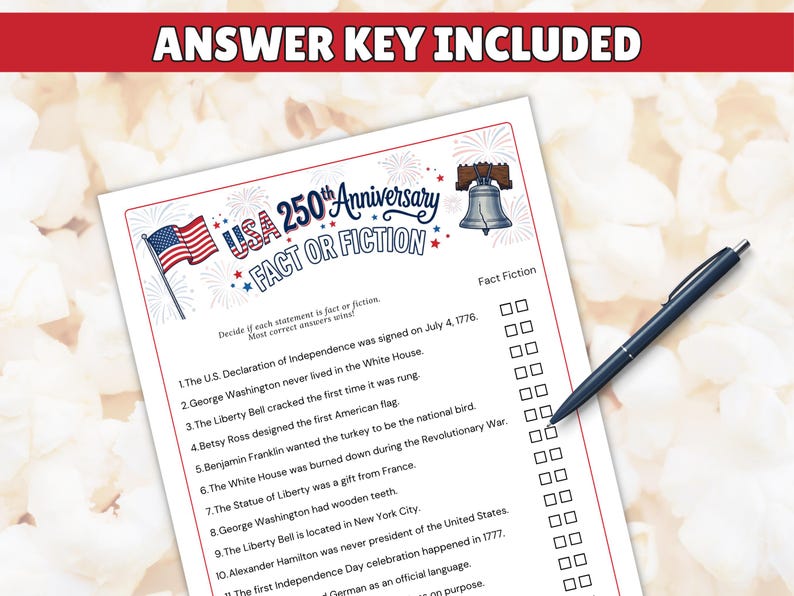 USA 250th Anniversary Trivia Game, Patriotic Fact or Fiction Quiz, 4th ...
