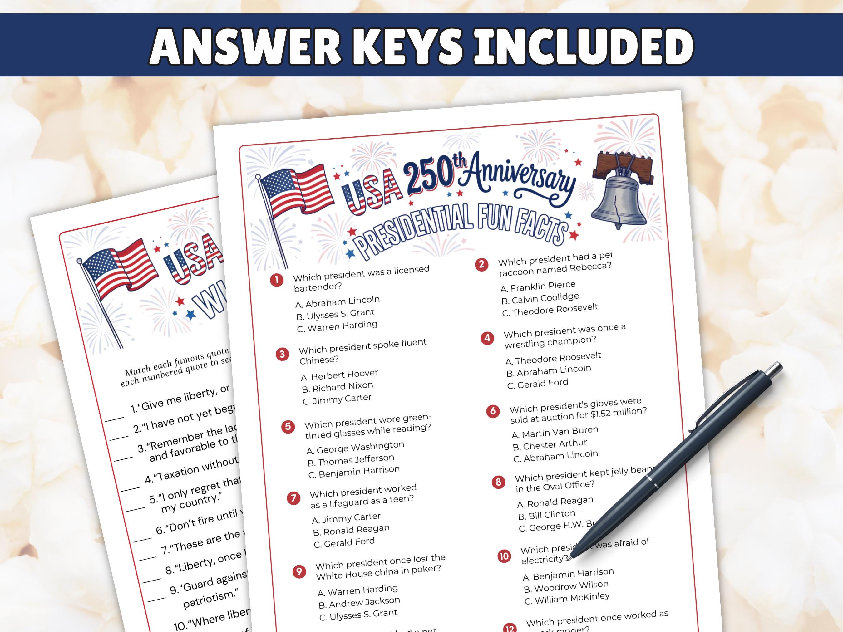 USA 250th Anniversary Trivia Bundle, Patriotic Party Games, Fourth of ...